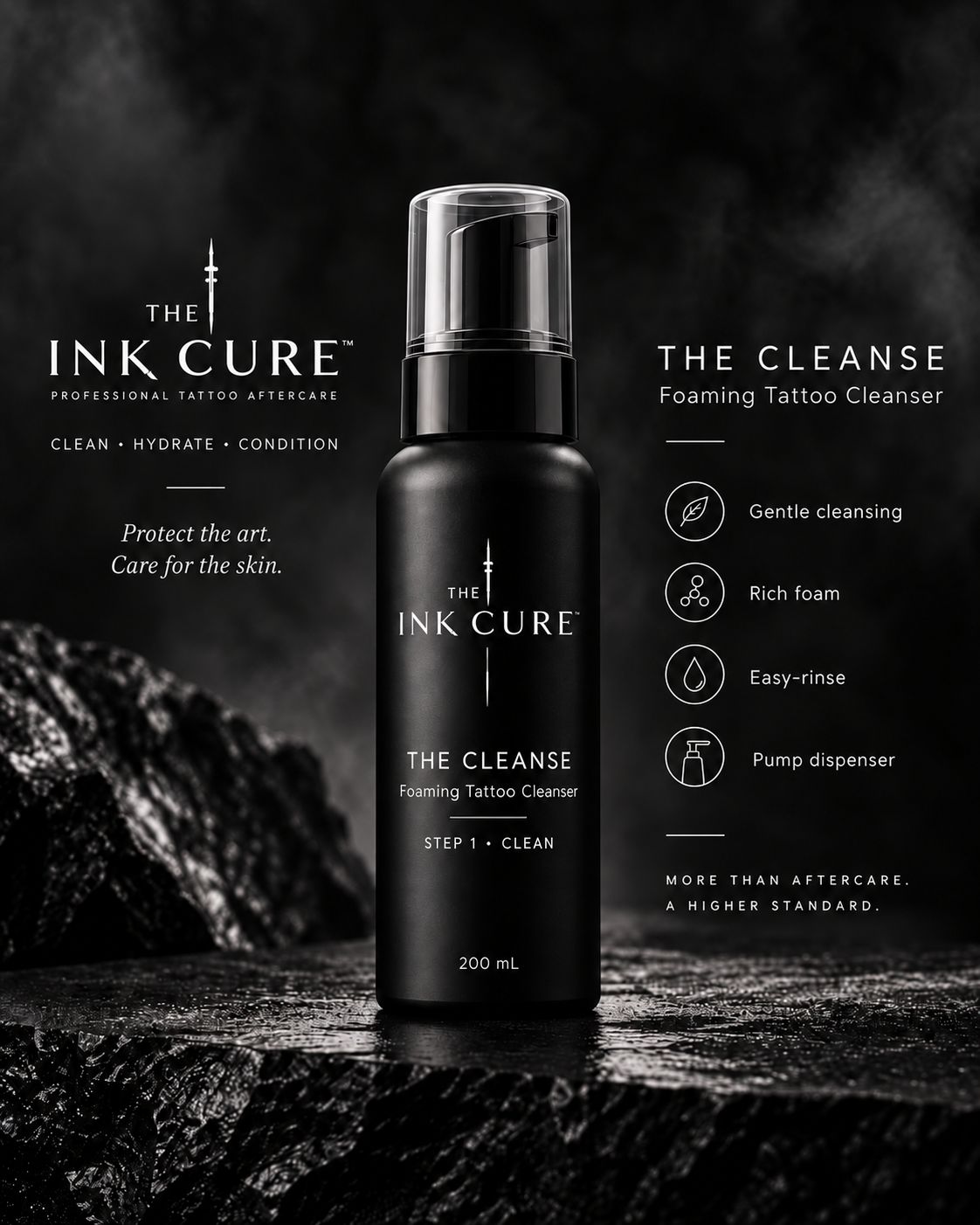 The Cleanse, Step 1 — Clean. Foaming tattoo cleanser in a black pump bottle. 200 mL.