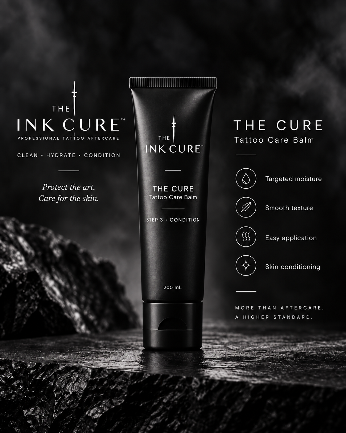 The Cure, Step 3 — Condition. Tattoo care balm in its black squeeze tube. 200 mL.