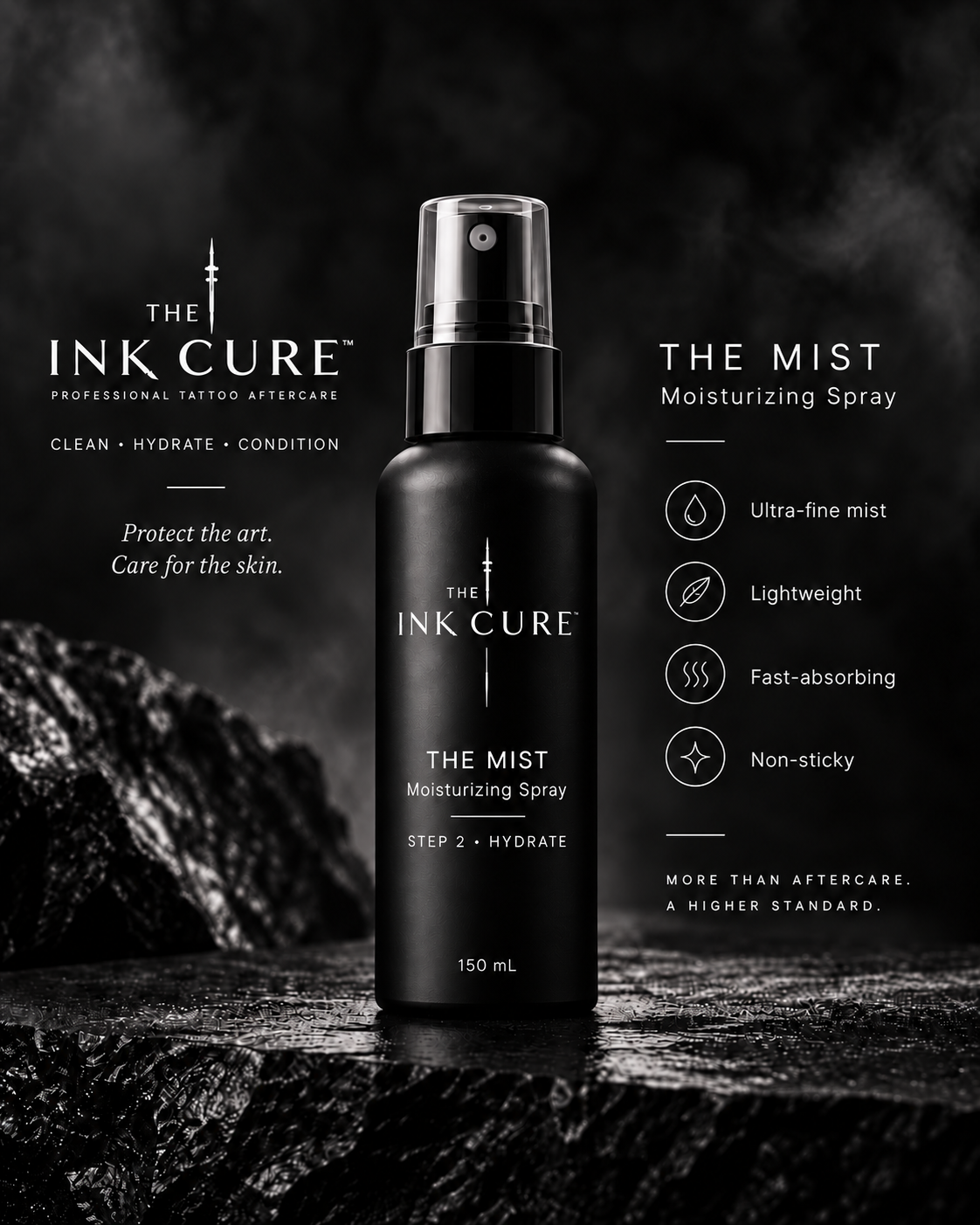 The Mist, Step 2 — Hydrate. Moisturizing spray in a black fine-mist bottle. 150 mL.